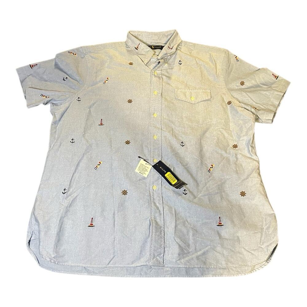 Men's Light Gray Nautical Embroidered Short-Sleeve Shirt - [Brand Unspecified]